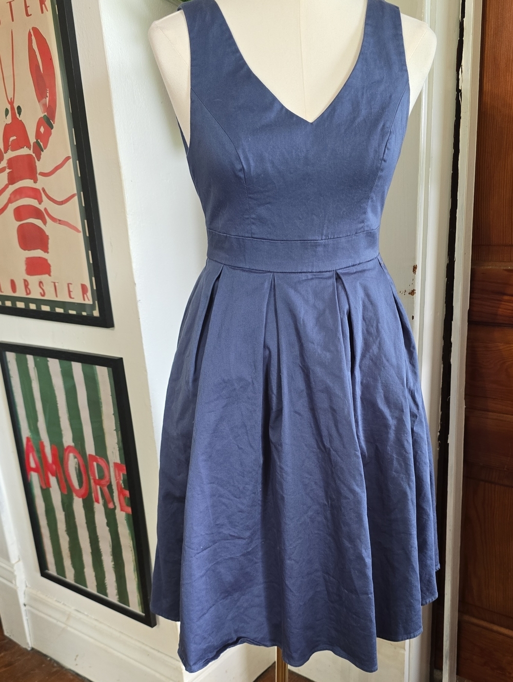 ModCloth  Fervour Vintage Slate Blue V-Neck Pleated Fit-and-Flare Dress